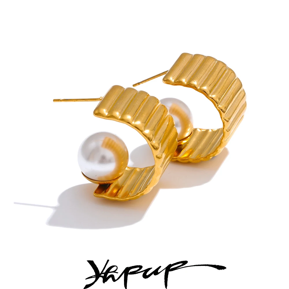 Yhpup Fashion Simulated Pearls C-Shape Geometric Huggie Earrings for Women Gold Color Stainless Steel Chic Daily Jewelry