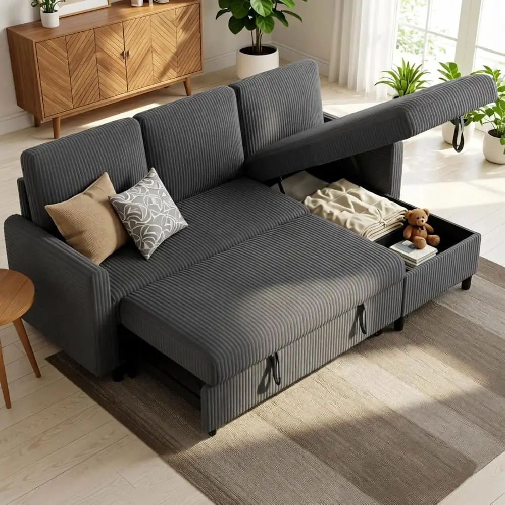 

L-Shaped Grey Corduroy Sectional with Sleeper Sofa, Storage Chaise, and 3-Seater Convertible Sofa