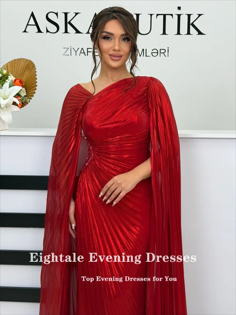 فساتين سهرة Eightale على شكل حرف v طيات طول الأرض مخصصة كريب أحمر مطرز بأكمام قصيرة للحفلات الراقصة فيستدو دي فييستا