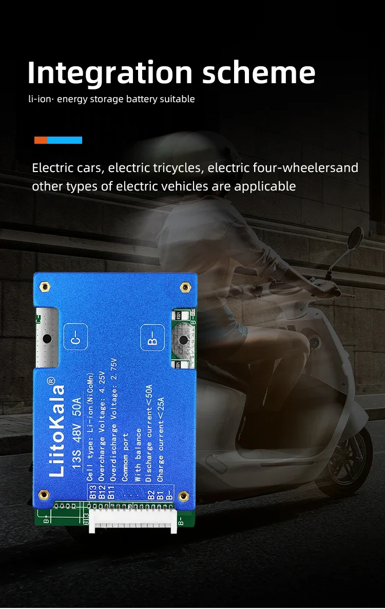 Liitokala 13S 48V50A BMS لحزمة بطارية ليثيوم 18650/21700 48 فولت باستخدام موازن لحماية الشحن والتفريغ