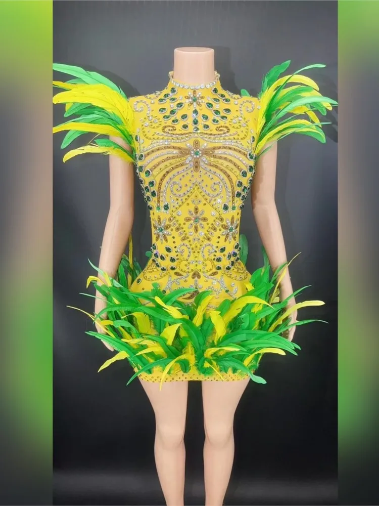 

Feather Full Rhinestone Dress Hosts Walk Show Birthday Party Nightclub Bar Performance Costume