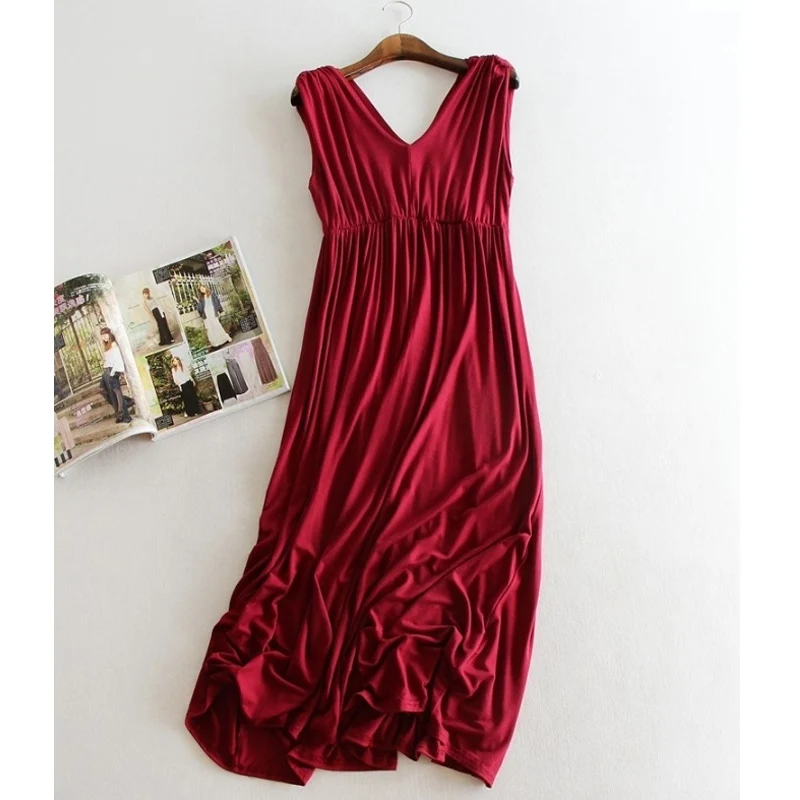 T-Shirt modale senza maniche con scollo a V Sexy da donna abito estivo a pieghe a vita alta eleganti abiti da festa abiti da spiaggia