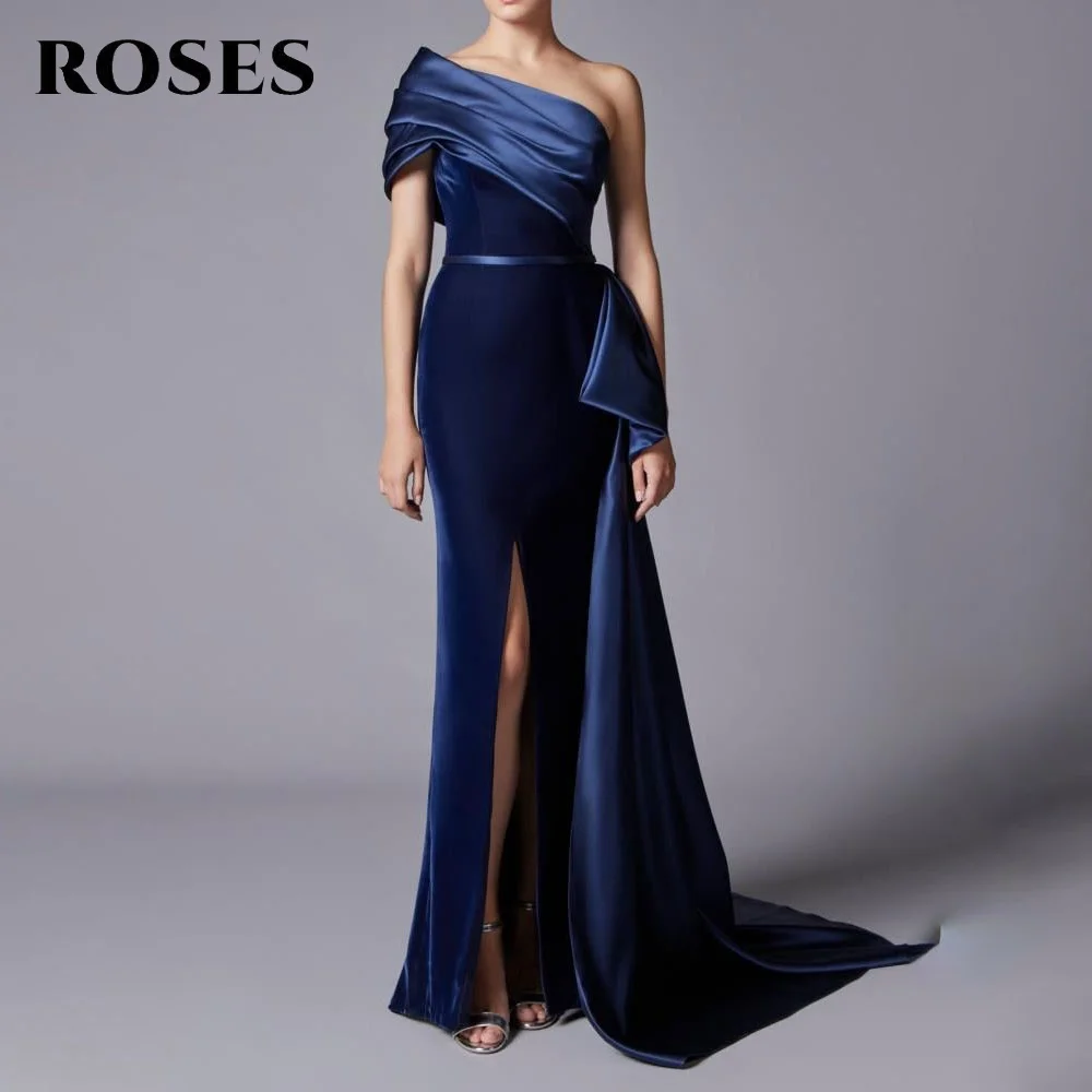 

ROSES Blue Stain Mermaid Prom Dress with Split One Shoulder Evening Dress Pleat فساتين السهرة Party Dress Customized