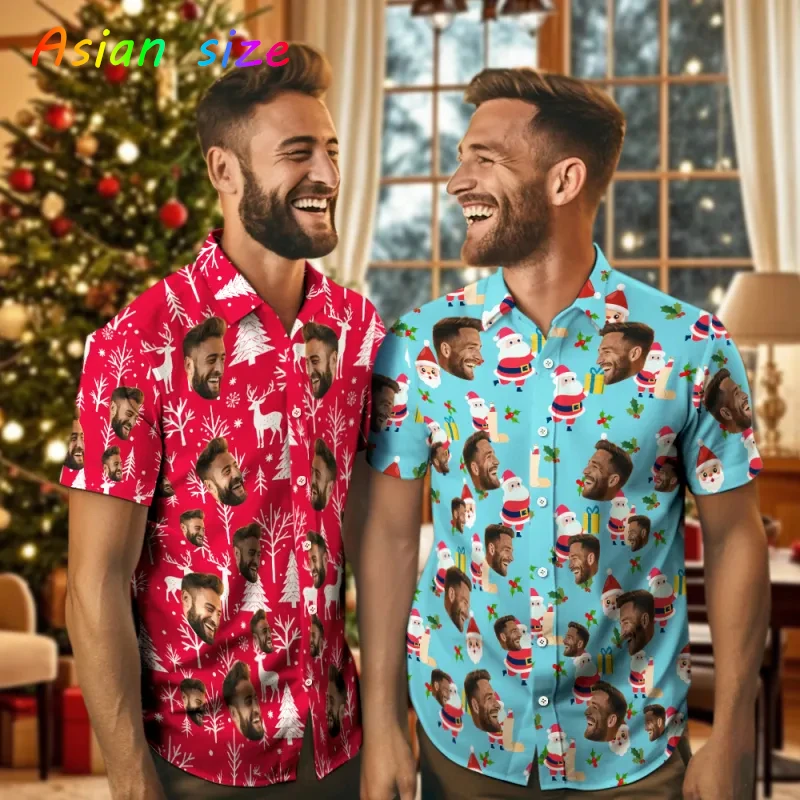 

Diy Face Merry Christmas Shirts For Men Clothing Custom 3D Print Xmas Tree Gift Shirt Y2k Top Clothes Lapel Short Sleeve Blouses