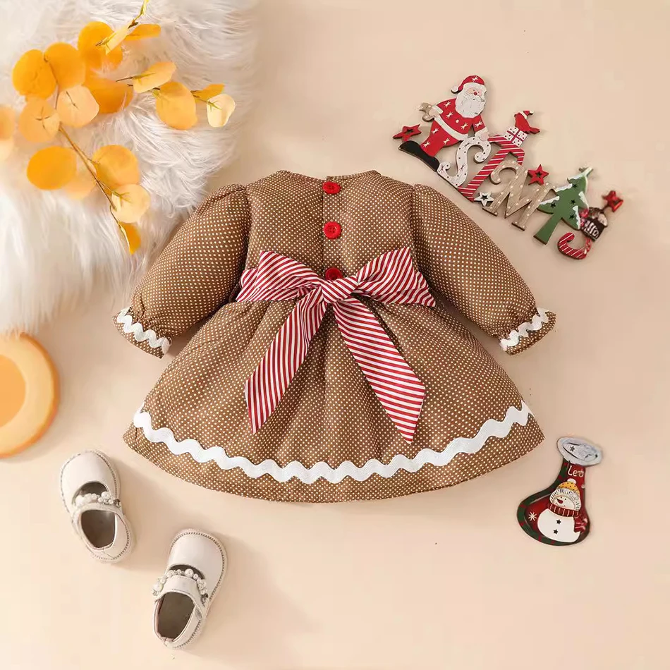 Toddler Girls Christmas Celebrations Polka Dot Dress with Round Neck and Bow Belt Decoration Long Sleeve A-Line Casual Dresses image 2