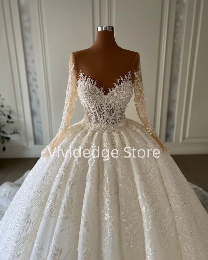 White Long Sleeve Lace A-Line Dresses Wedding 2025 Tulle Applique Women's Bridal Gowns vestidos de novia de talla grande