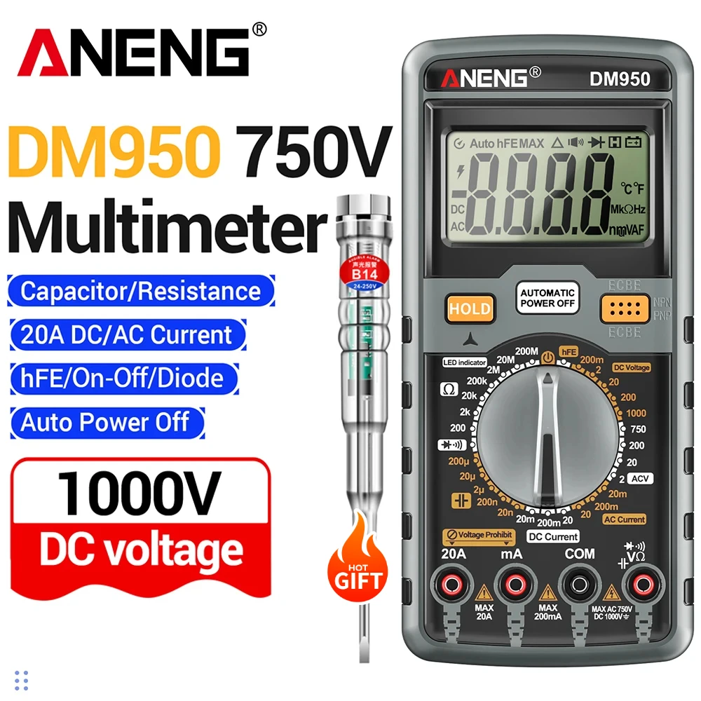 Digital Multimeter AC/DC Voltage Current Tester Free Gift B14 Intelligent Voltage Tester Pen Electrician Repair Tool ANENG DM950