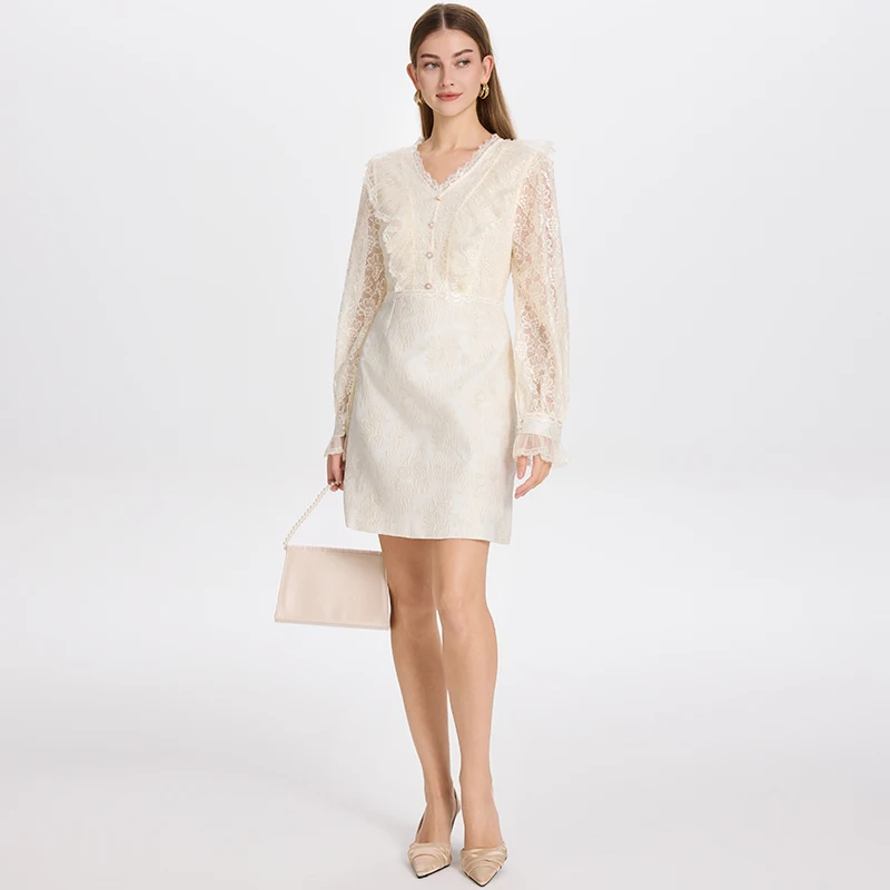 Abiti corti ricamati in pizzo francese elegante con scollo a V manica da principessa a vita alta abito da sera da festa di lusso autunnale da donna