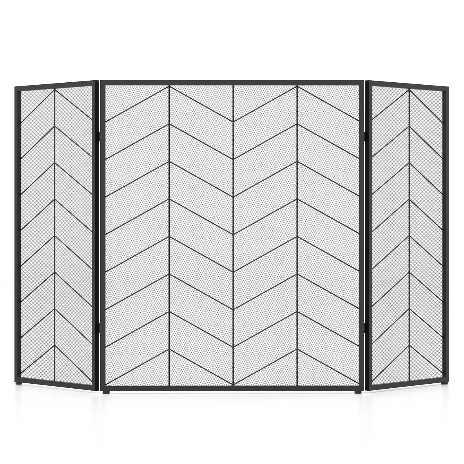 

52" x 31" 3-Panel See-Through Metal Fireplace Screen with Chevron Pattern Black