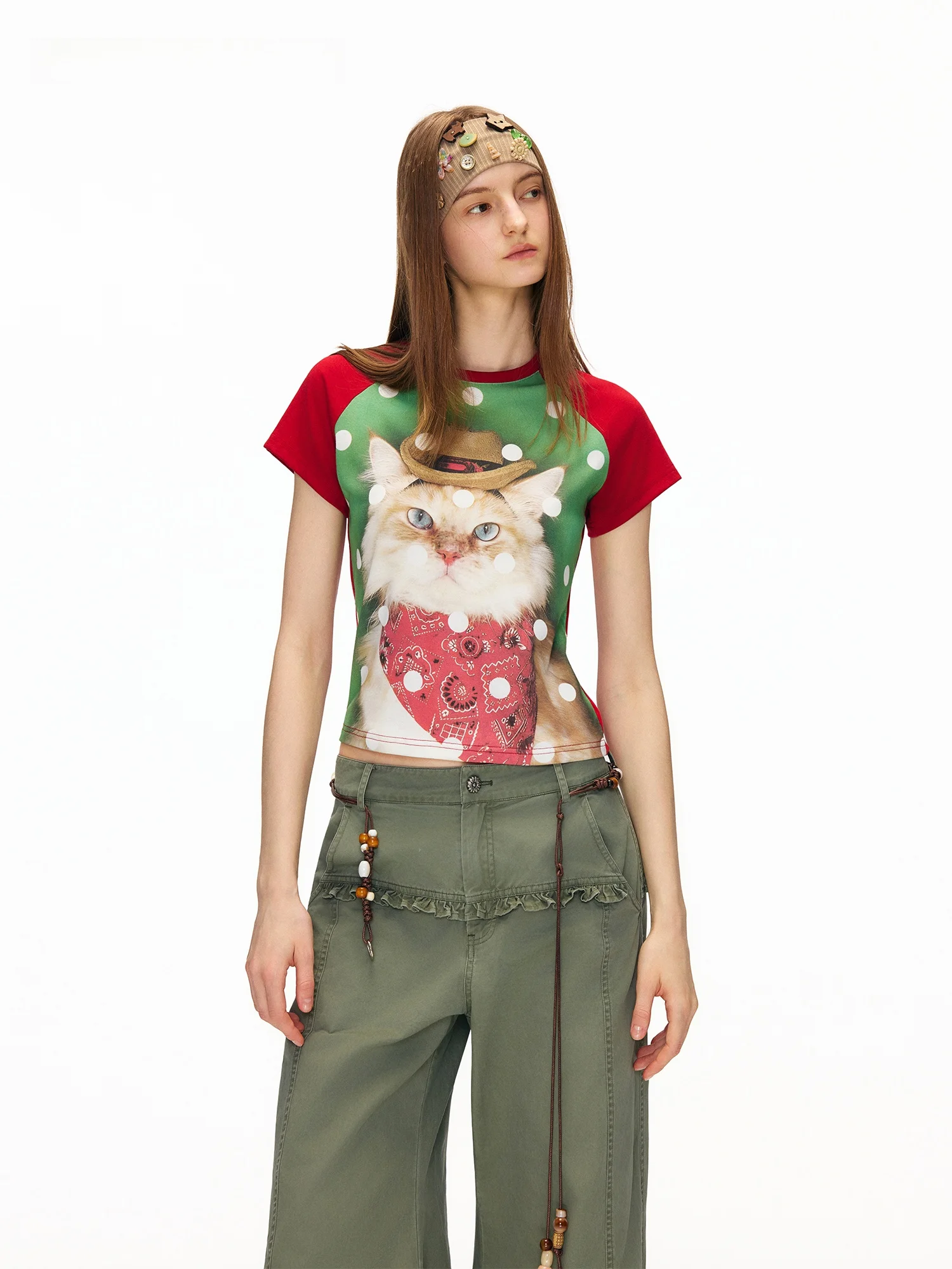 

Outtheblue Summer 2026 New Denim Busy Color Block Shoulder Print T Shirt Women's Casual Style Spotted Pattern Short Sleeve Top