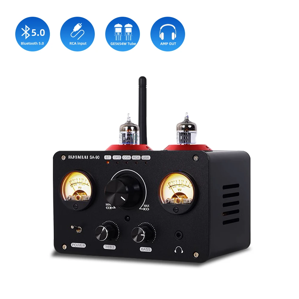 

PJ. MIAOLAI SA-90 NE5532 Bluetooth Amplifier GE5654 Tube Power Amplifier 80W×2 USB RCA HiFi Headset Amplifier With Dual VU Meter