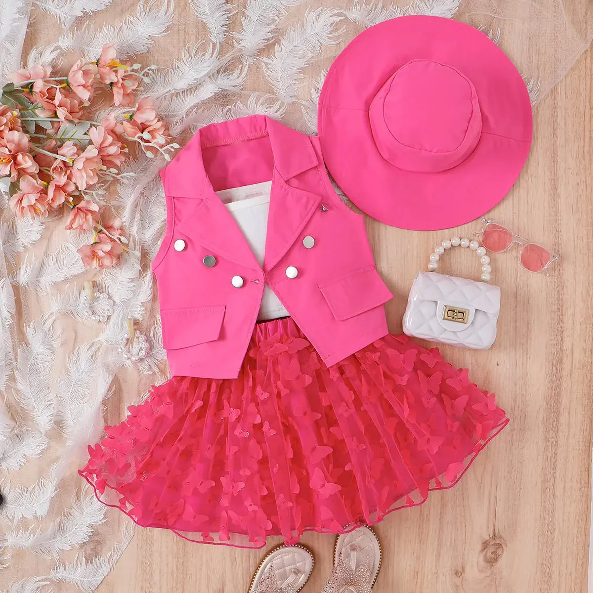 

Summer Cute Girls Sequined Princess Skirt Lapel Twist Button Suit Candy Butterfly Mesh Dress Hat Kids Clothes 4Pcs Outfits 4-7Y