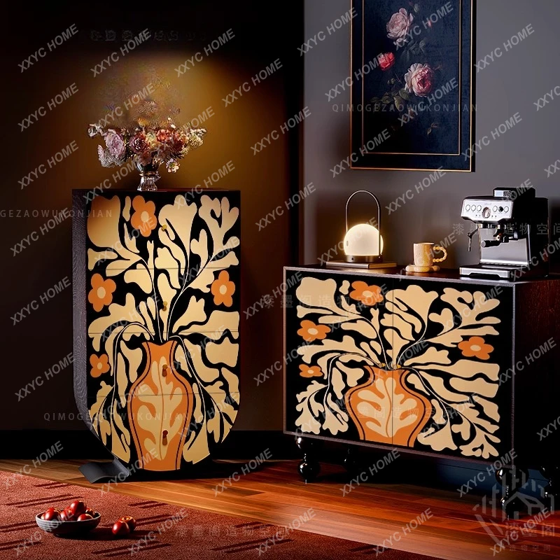 Vintage Abstract Floral Four-Drawer Decorative Entryway Cabinet Living Room Storage Multi-Functional Organizer