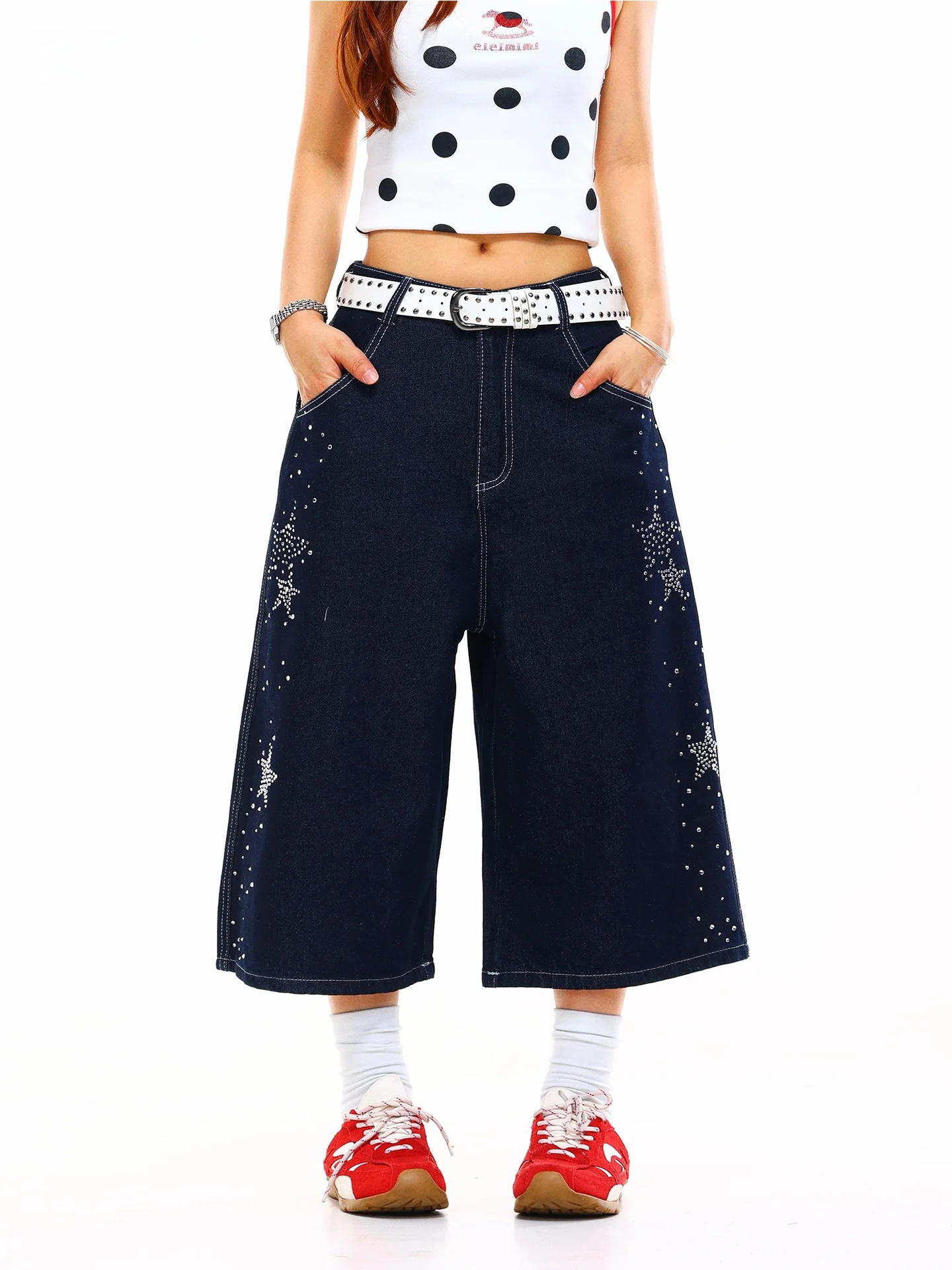 

Light Blue American Heavy Duty Stars Rhinestone Denim Seven-Foot Pants Women Summer Vintage Loose Shorts Trendy Wide Leg Jeans
