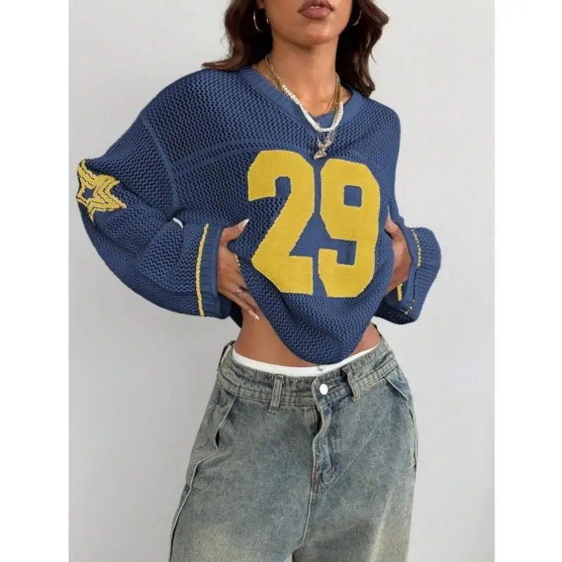 

Retro Streetwear Cross-Border Sle Spring Summer Outfit Women's Knitted Sweater Collar Nine-Quarter Sve Coolmax Fabric