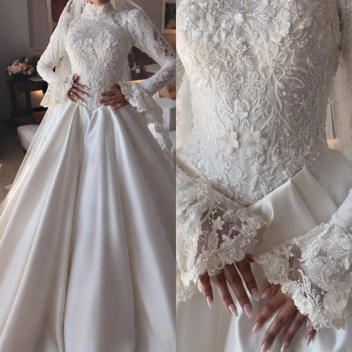 

Элегантное женское свадебное платье с высоким воротником и длинными рукавами, свадебные платья с блестками и кружевной аппликацией, платье со шлейфом на заказ, платья