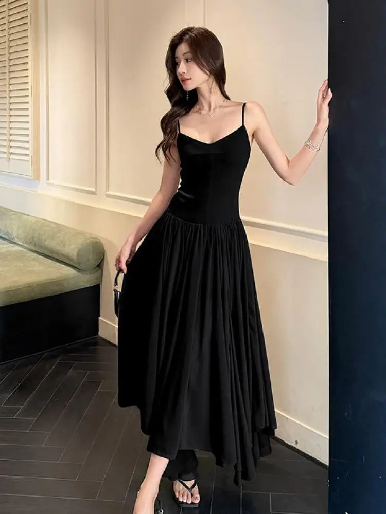 

Korean Simple Women Green V Neck Sleeveless Backless Slip Dresses Summer Elegant High Waist Pleated Long Dress Simplicity Casual