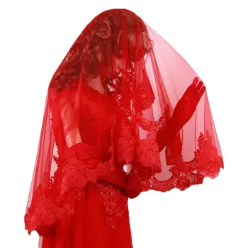 Véu do casamento com borda do laço para a noiva, vermelho bonito, comprimento da cintura