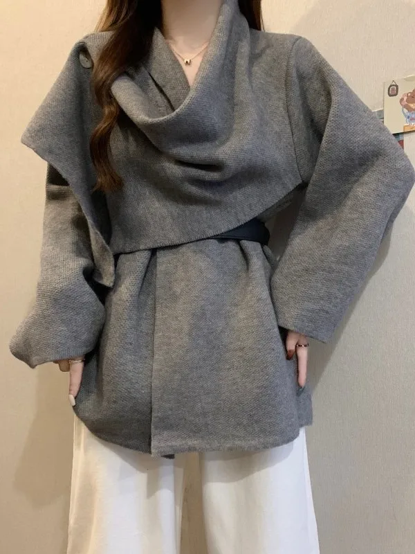 

plus Size Women's Sweater with Belt High Waist Design Autumn Winter Faion Gentle Sle Stand Collar T Top for plus Size
