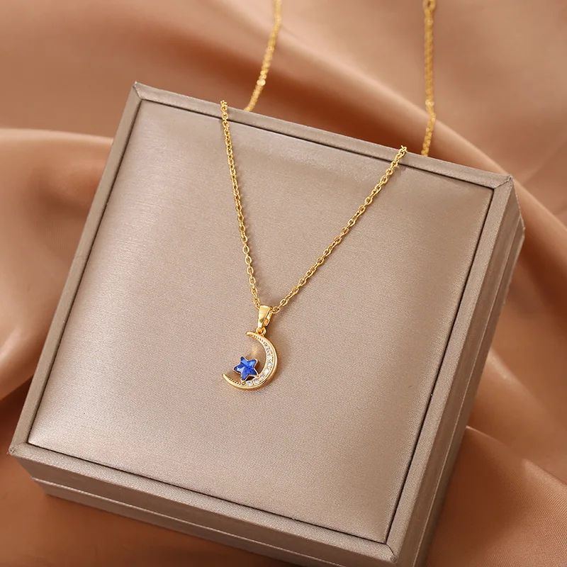 Moon Necklace for Women Bule Star Pendant Female Gold Color Stainless Steel Necklace Korean  Luxury Elegant Simple Style Cute