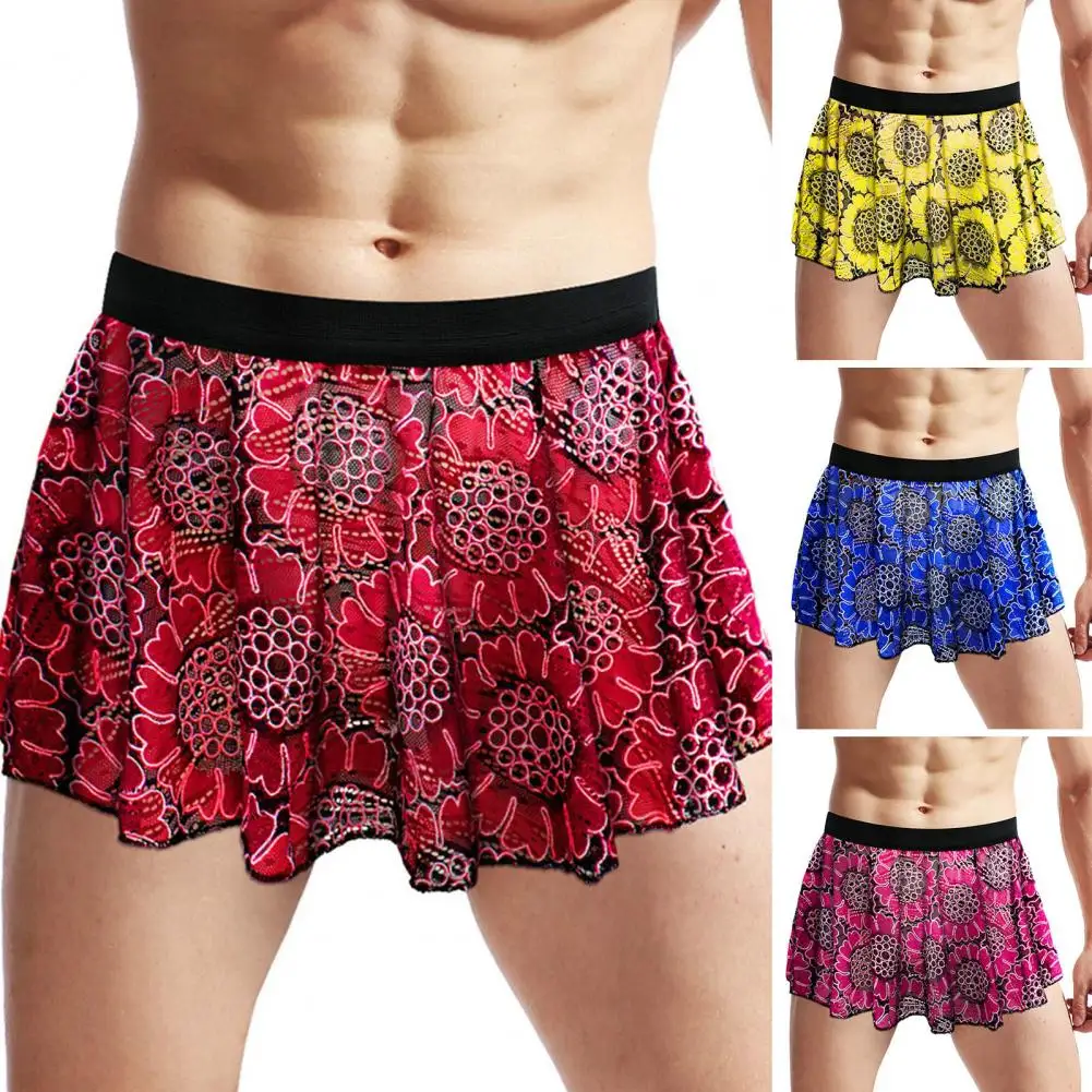 Sexy Men Boxers Silky Mesh Trunks Side Split Shorts Pajamas Elasticity Belt Bottom Underwear Solid Loose Breath Sleepwear