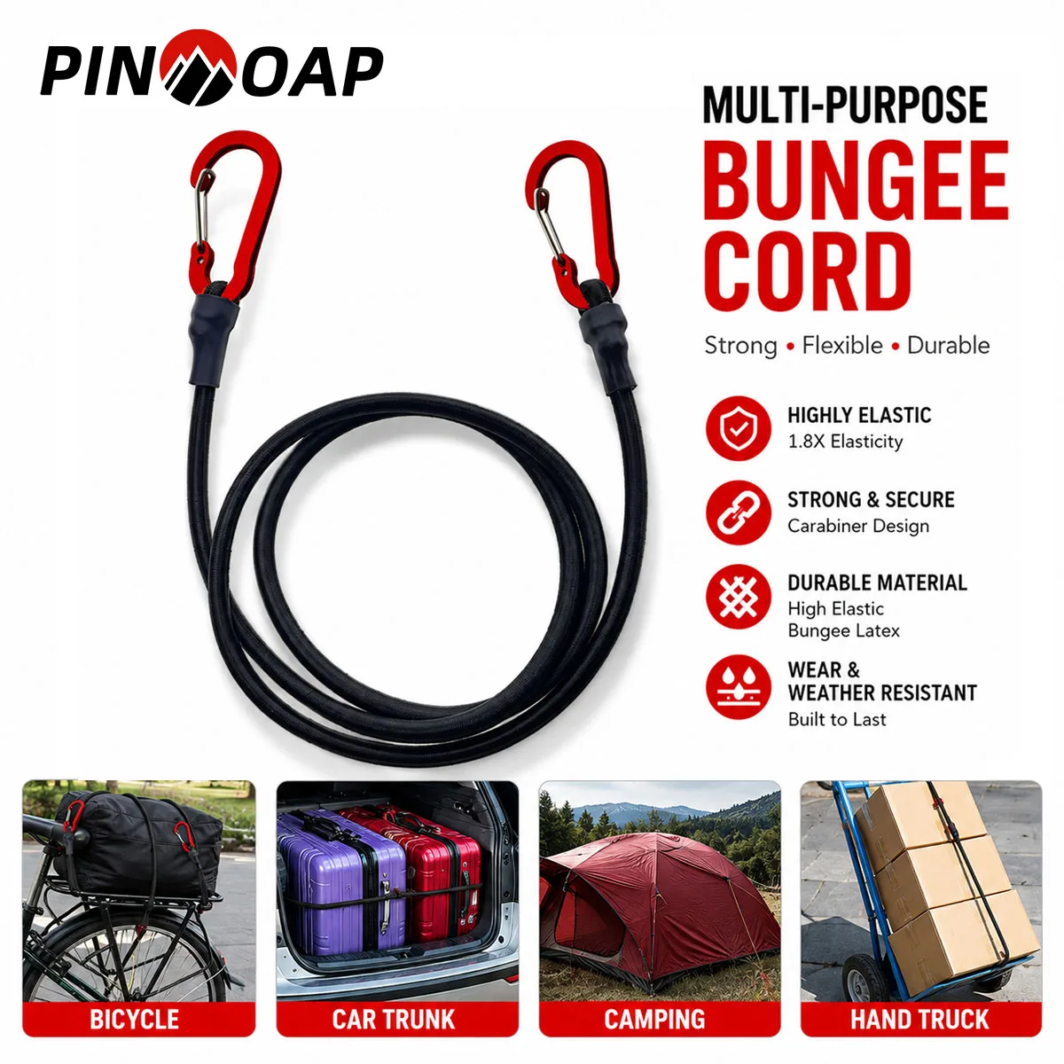 PINMOAP 1PC Portable Luggage Strap With Hook Packing Cord Elastic Bungee Rope For Travel Suitcase Cargo Camping Outdoor Storage