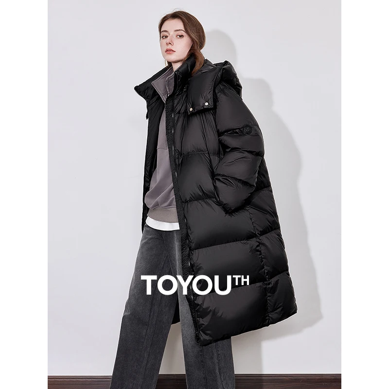 TOYOUTH Women Down Jacket 2024 Winter New 90% White Duck Down Thicking Warm Medium Length Hooded Zipper Closure Long Coat