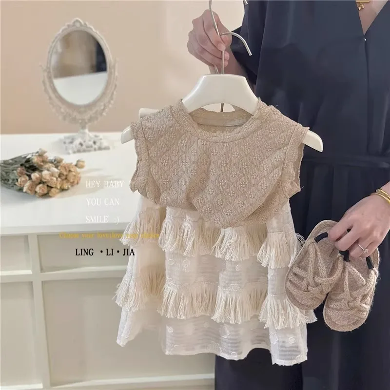 

2025Girls' New Summer Outfit Set Trendy Retro Top+Fringe Hem Midi Skirt Two-Piece Set