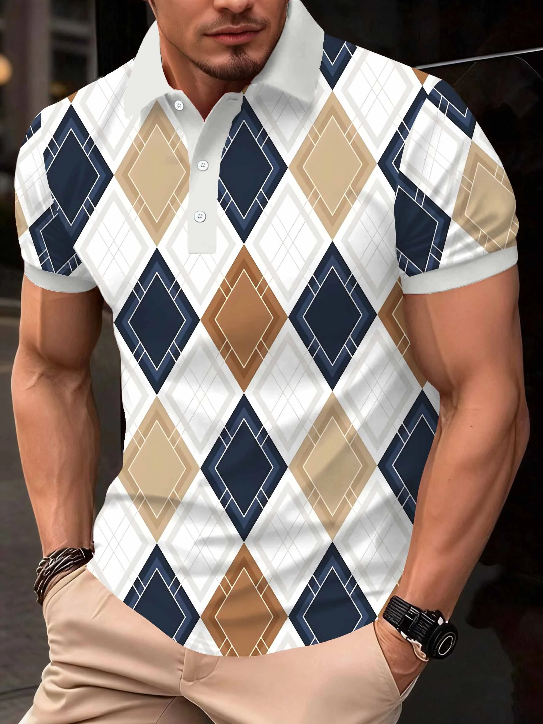2026 Summer New Style Men's Short-Sleeved Polo Shirt with 3D Check Pattern Print - Street Casual Fashionable and Comfortable