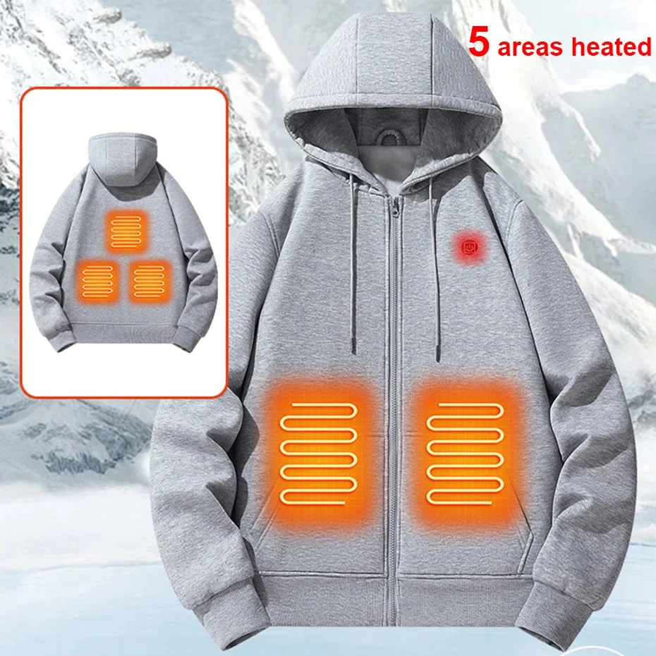 USB Heating Hoodies Men Winter Electric Heated Jackets Zipper Hoodie Infrared 5 Areas Jacket Black Grey