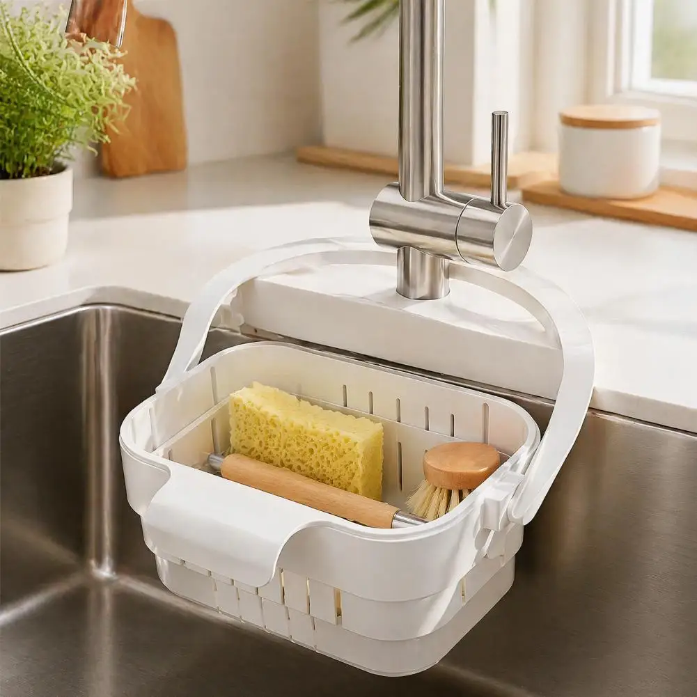Over Sink Strainer Basket Kitchen Prep Strainer Kitchen Sink Hanging Drain Basket with Quick Drying Holes Foldable Space-saving