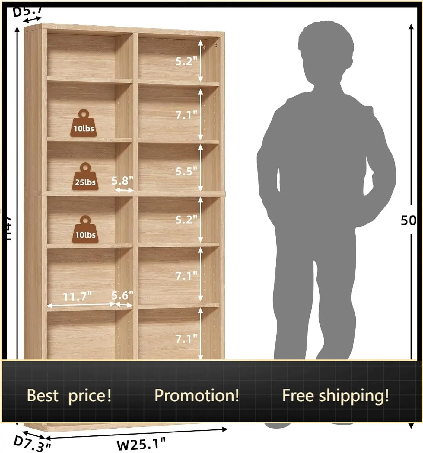 

7 Tier Tall Display Cabinet, Natural Media Storage Cabinet with Adjustable Shelves, Free Standing DVD Organizer Shelf, Floor mul