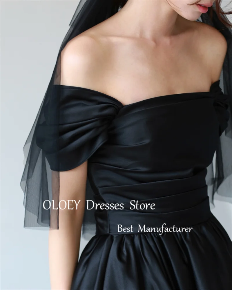 OLOEY Simple Black A Line Evening Dresses Korea Wedding Photoshoot Off Shoulder Sleeves Ankle Length Formal Evening Gowns