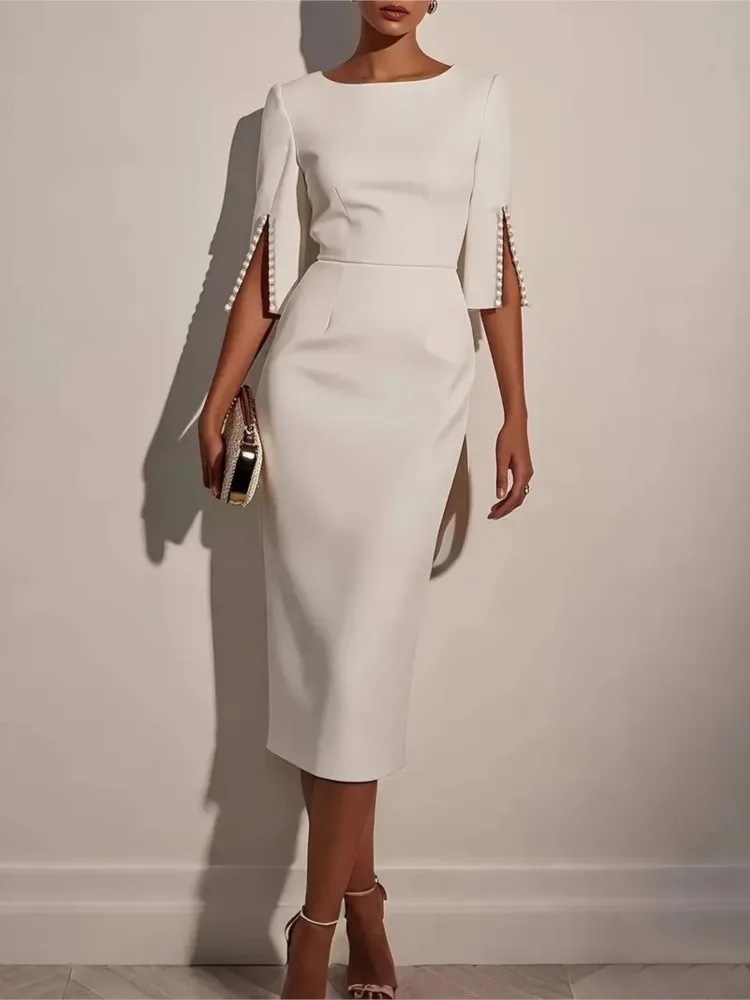 

Elegant O-neck Half-sleeved Dress For Women Fashion Spring Summer Solid Color Pearl Design Waist-hugging Casual Dresses Female