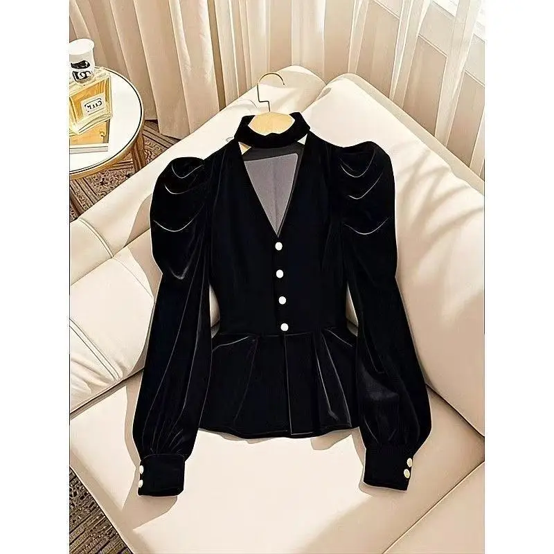 Camisa de manga larga de terciopelo negro para Mujer Y2k cintura delgada Blusas con cuello en V Mujer 2025 principios de primavera nuevas Blusas de un solo pecho