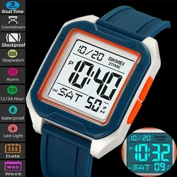 Skmei Dual Time Zone Men's Digital Sports Watches TPU Steel Strap Led Waterproof Alarm Clock 12/24 Hour Military Wristwatch