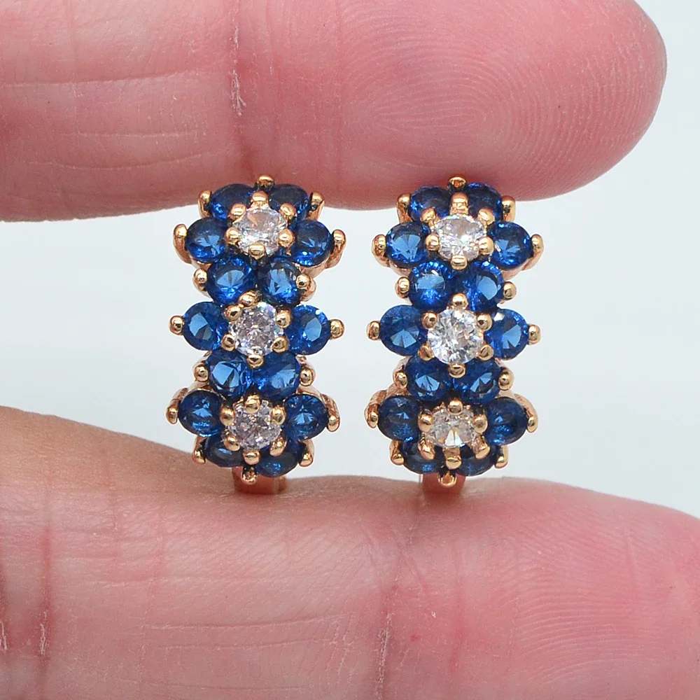 Gold Color Women Fashion Blue Cubic Zirconia CZ Flower Huggie Earrings Jewelry