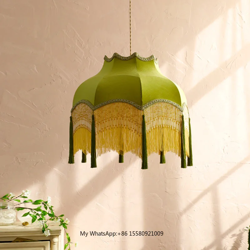 French Retro Velvet Fringed Green LED Chandelier for High Ceiling Dining Room Home Lighting