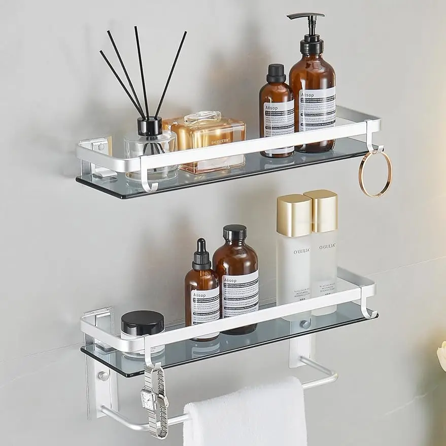 VOLPONE Glass Shelf for Bathroom 15.7 in Bathroom Shelves with Towel Bar Tempered Glass Shelves with 4 Removable Hooks