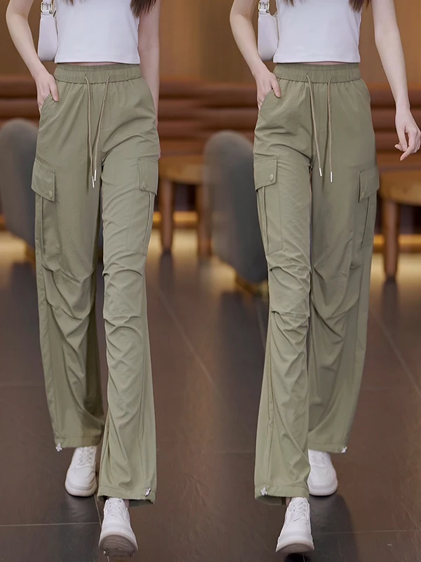 

Робочие брюки в стиле милитари, женские летние тонкие свободные брюки с высокой талией, прямой крой, сухие, быстрые спортивные брюки, корейские брюки для поездок на работу