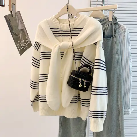 Women Fake Two‑Piece Knit Pullover Sweater Striped Top Attached KnottedElastic Loose Long Sleeve Jumper  Autumn Casual  Outfits