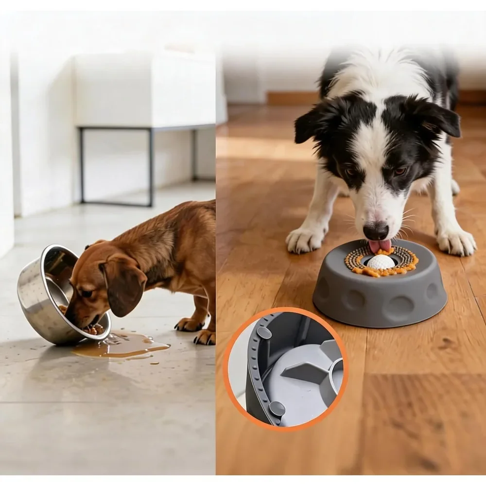 Bol pour chien en silicone de qualité alimentaire avec boule rotative, tapis de léchage interactif pour animaux de compagnie, anti-glouton, anti-ballonnements, antidérapant, lavable au lave-vaisselle.