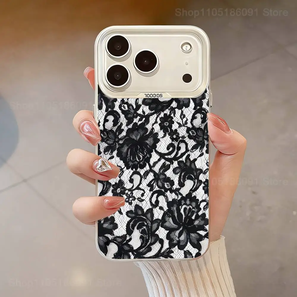 Coque de téléphone imprimée en dentelle noire, pour iPhone 17,16,13,12,X,11,15,14,Pro,Max,Plus,SE4,Air,Mini blanc IMD HD mat