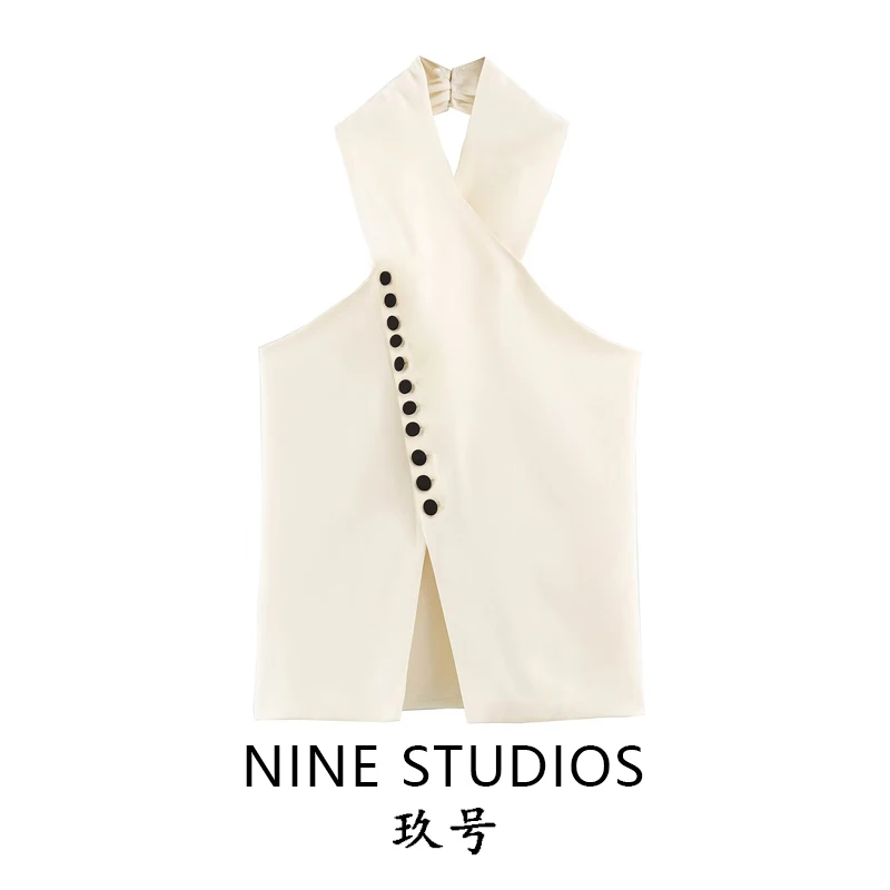 Sexy Backless Neck Hanging Button Decoration Slim Fit Vest NINE ZAR Women's Fashion 7768344 Single Row of Buttons Outerwear