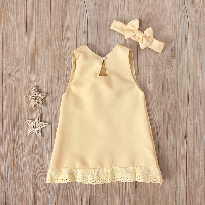 Newborn Baby Girls Dresses Summer Cute Bow Sleeveless Princess Party Birthday Lace Dress+Headband 2Pcs Kids Toddler Clothes