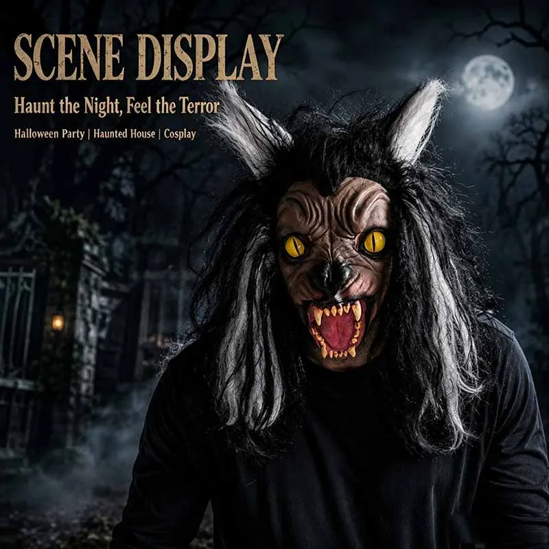 Halloween Werewolf Latex Mask Scary Wolf Man Full Head Mask Sharp Fangs Cosplay Haunted House Masquerade Party Costume Props