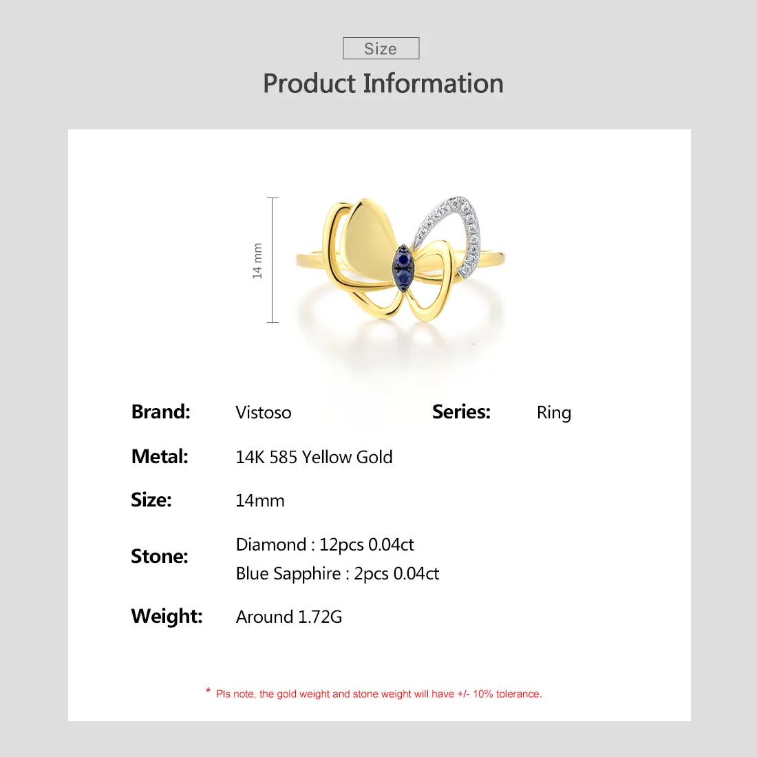 VISTOSO Real 14K 585 Yellow Gold Rings For Women Marquise Blue Sapphire Ruby Diamond Butterfly Anniversary Wedding Fine Jewelry