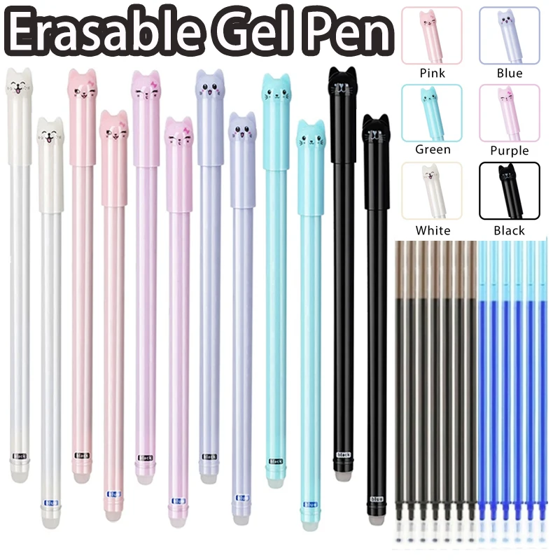

6/12Pcs/Set 0.5mm New Creative Cat Erasable Gel Pen Set Washable Handle Smooth Writing Black Blue Magical Erasable Refill Rod