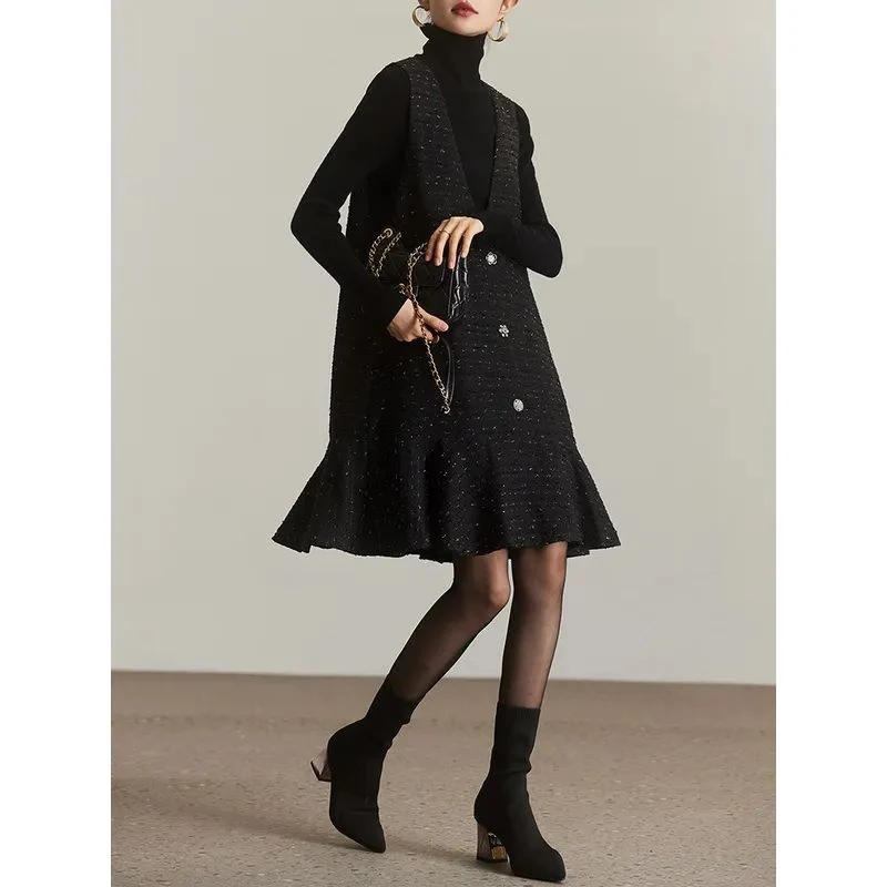 MEXZT Vintage Tweed Mini Dress Women Elegant Ruffles V Neck One Pieces Dresses Winter Black Sundress Korean Sleeveless Vestidos