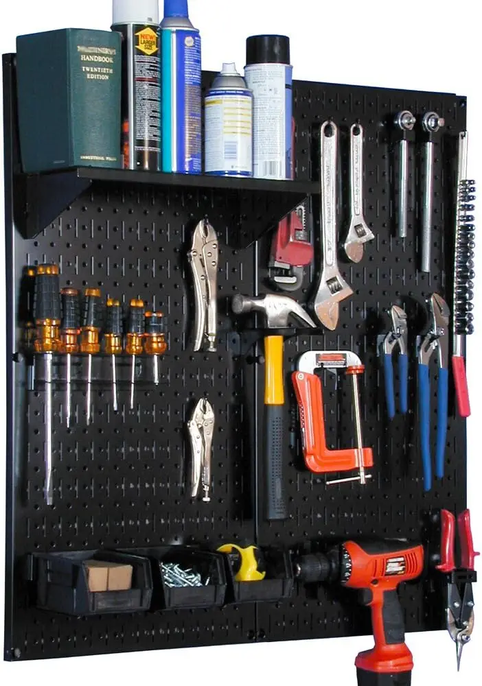 Wall Control Metal Pegboard Utility Tool Storage Kit with Black Pegboard and Black Accessories